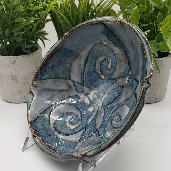 Blue Grey Scroll Decorative Art Pottery Bowl AS IS - Picture 8 of 9